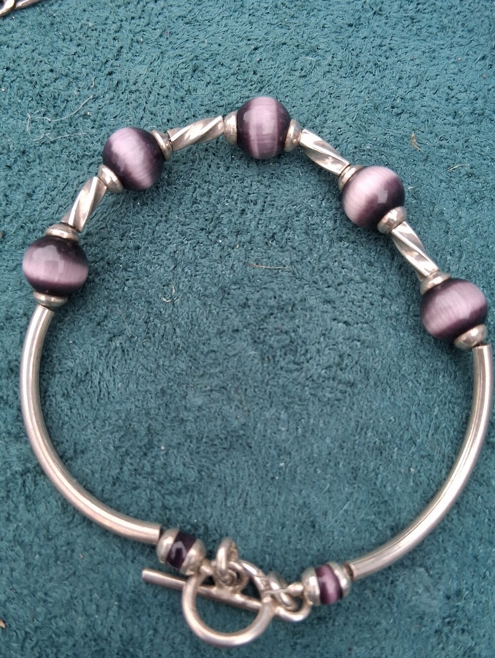 925 Sterling Silver Bracelet Gothic Purple Cat Eye Beads Toggle, 7" Stamped